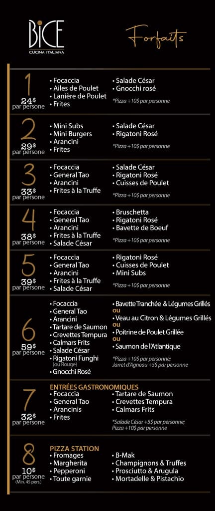 Menu Fun de Bice Cuisine avec plats italiens et options de forfaits gourmands