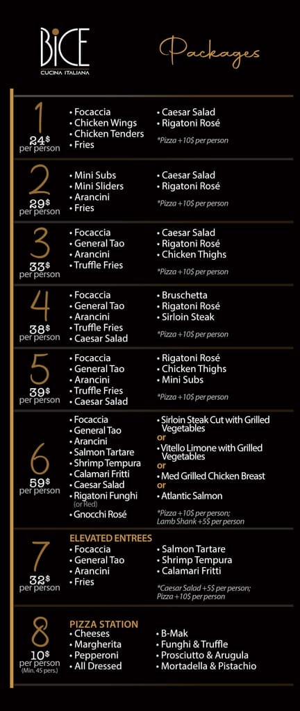Menu packages for Italian cuisine dining at Bice