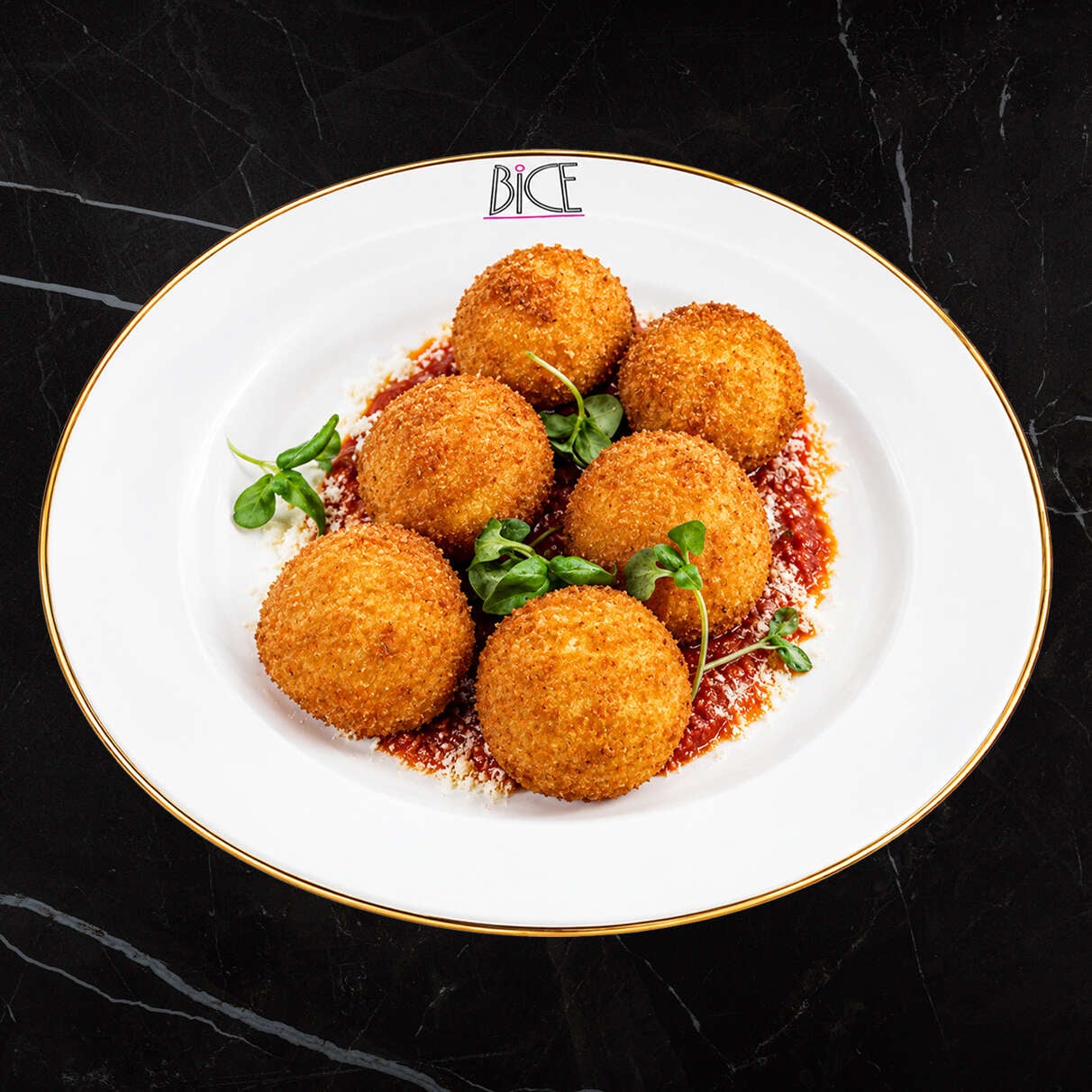 Arancini di riso on tomato basil sauce Golden arancini di riso with Bolognese filling on tomato basil sauce, a classic of Italian cuisine